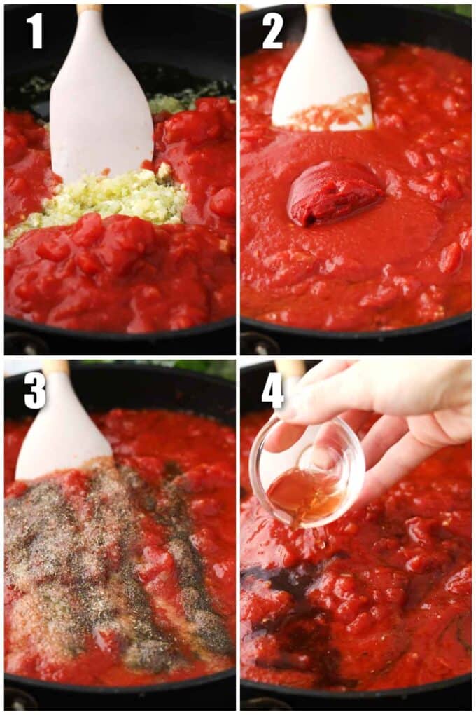 collage of steps how to make tomato sauce