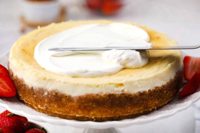 topping homemade New York cheesecake with a sour cream topping