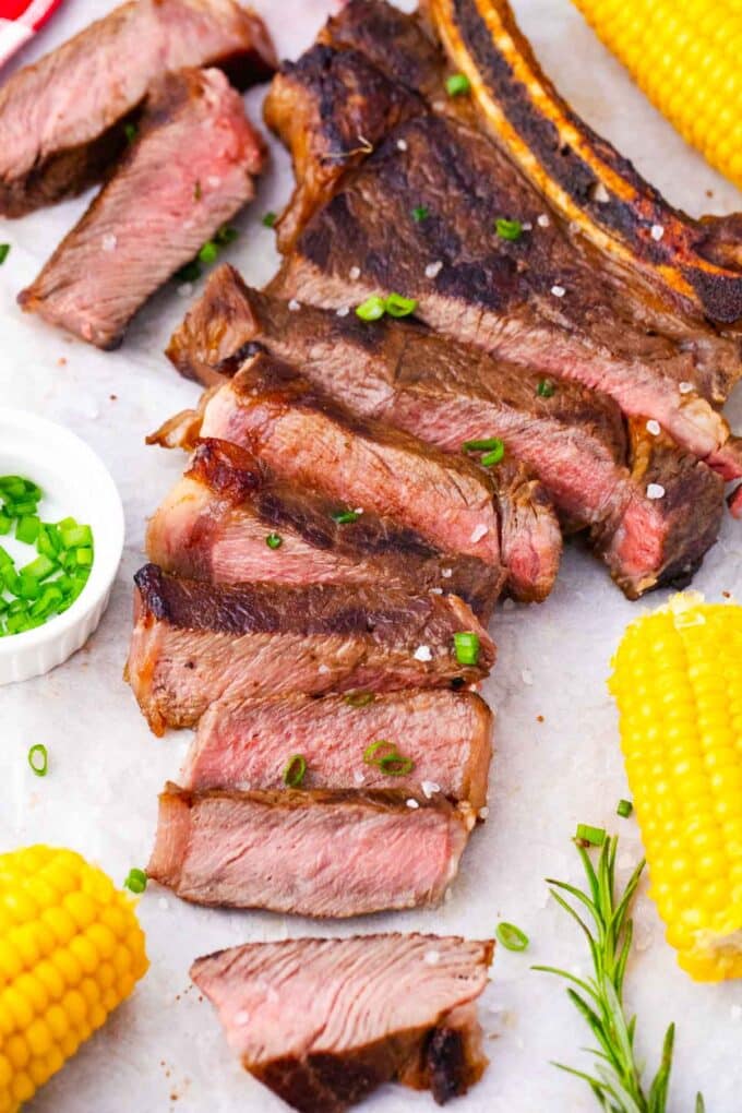 Overhead shot of grilled ribeye steak.