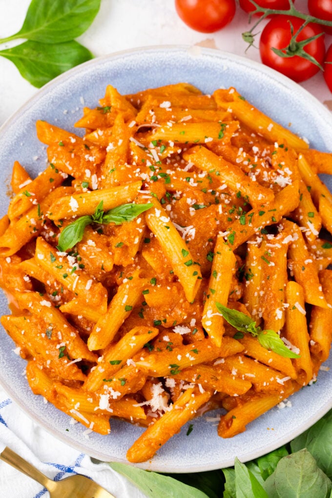Homemade penne alla vodka served with parmesan and basil.