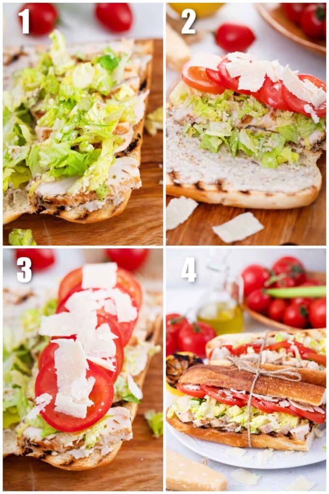 photo collage showing steps how to assembe chicken caesar sandwiches recipe