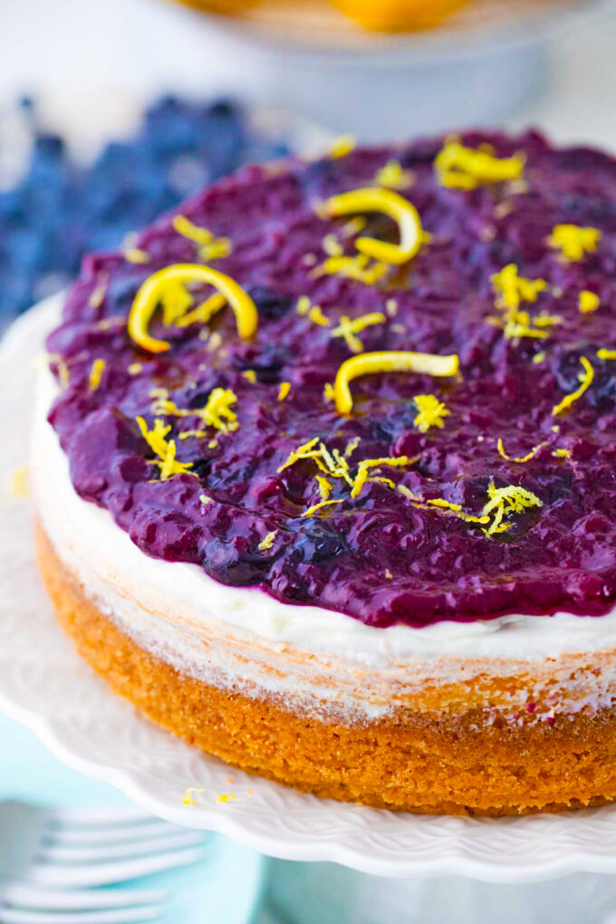 Blueberry french custard cake topped with mascarpone cream and blueberry sauce.