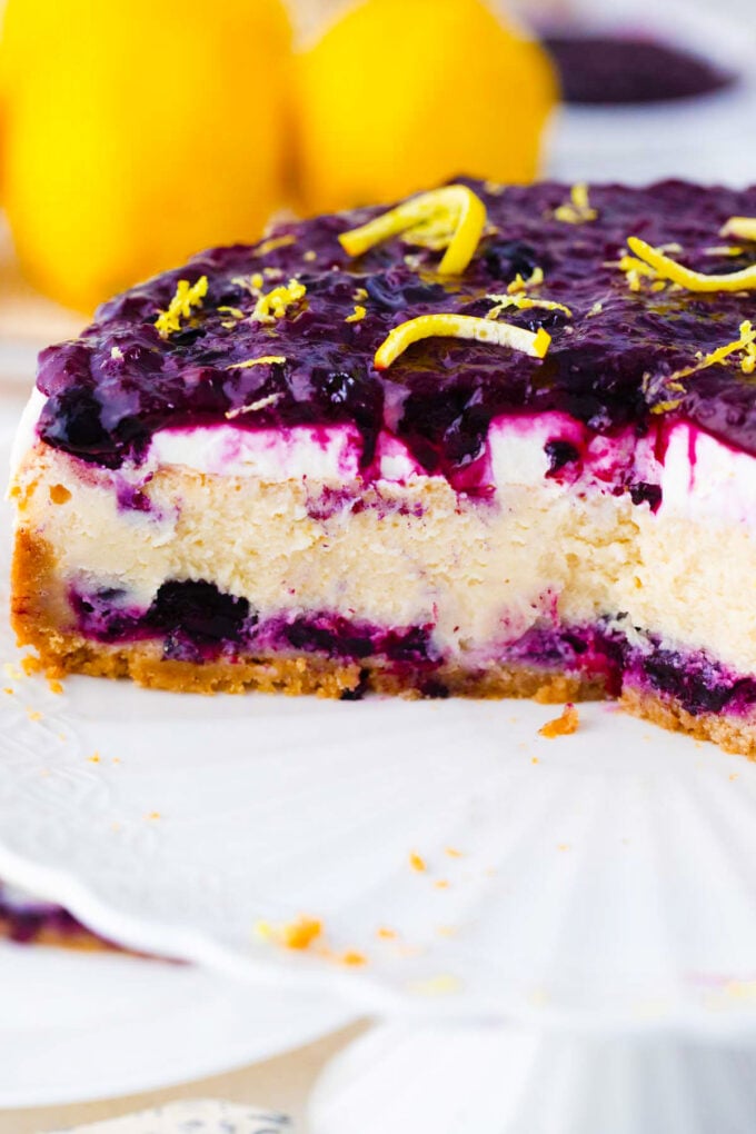 Sliced blueberry french custard cake.