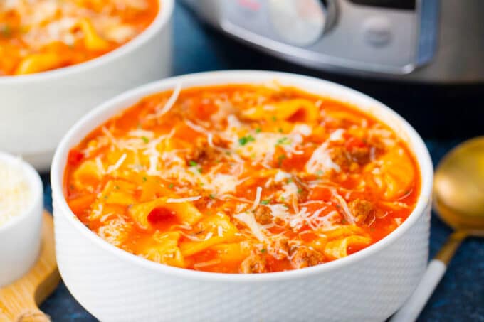 A bowl of cheesy Instant Pot lasagna soup.