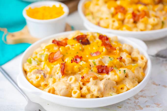 A bowl of cheesy crack chicken casserole.