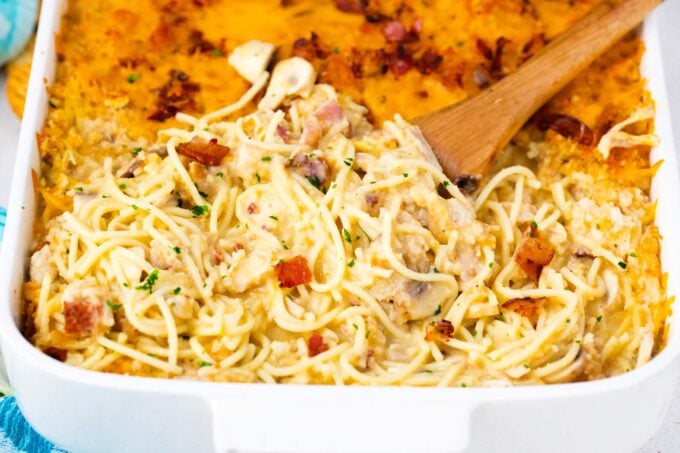 Creamy crack chicken spaghetti casserole.
