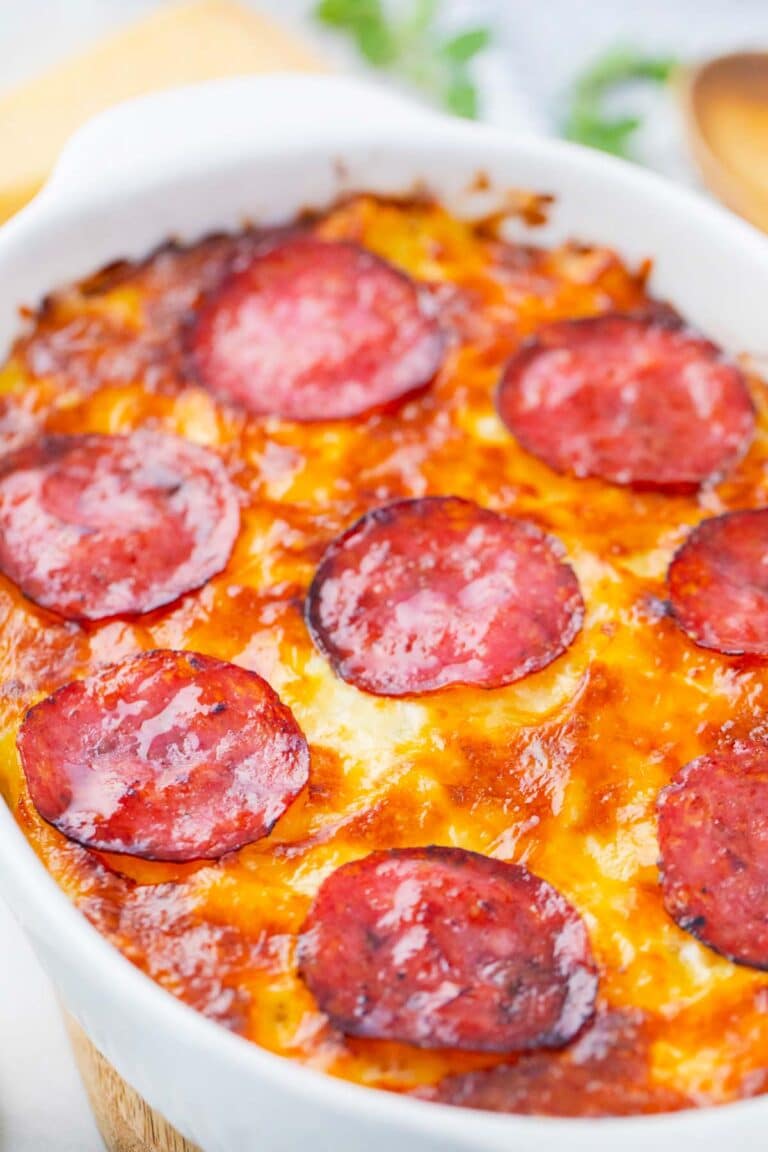 Overhead shot of perfectly baked white pizza casserole.