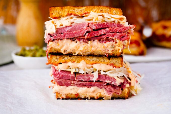 Corned beef sandwiches with cheese.