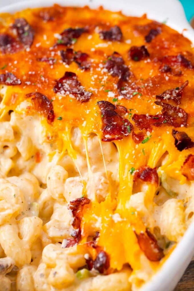 Very creamy and cheesy bacon cheddar ranch chicken casserole topped with crispy bacon pieces..