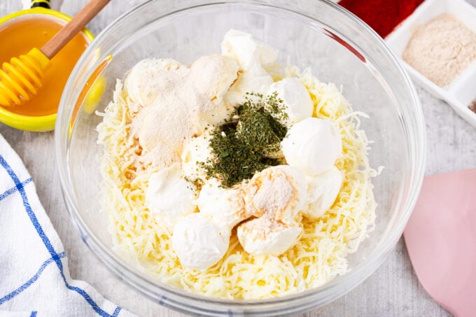 Creamy cheese mixture for stuffing chicken breasts.