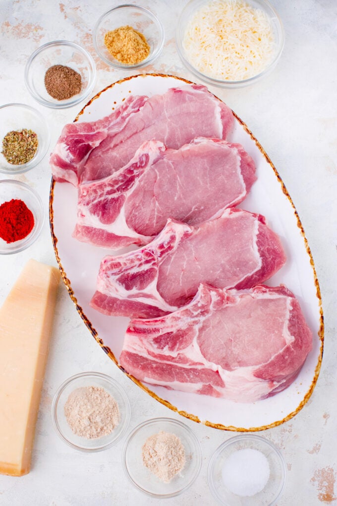 Overhead shot of crispy air fryer pork chops recipe ingredients.