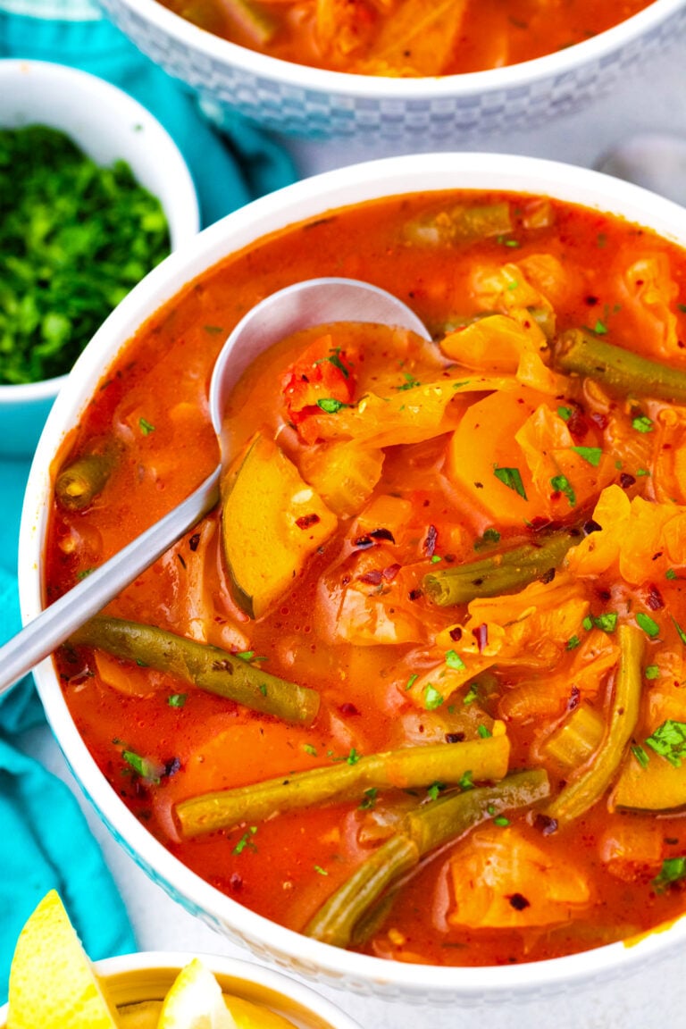 A bowl of hearty cabbage soup.