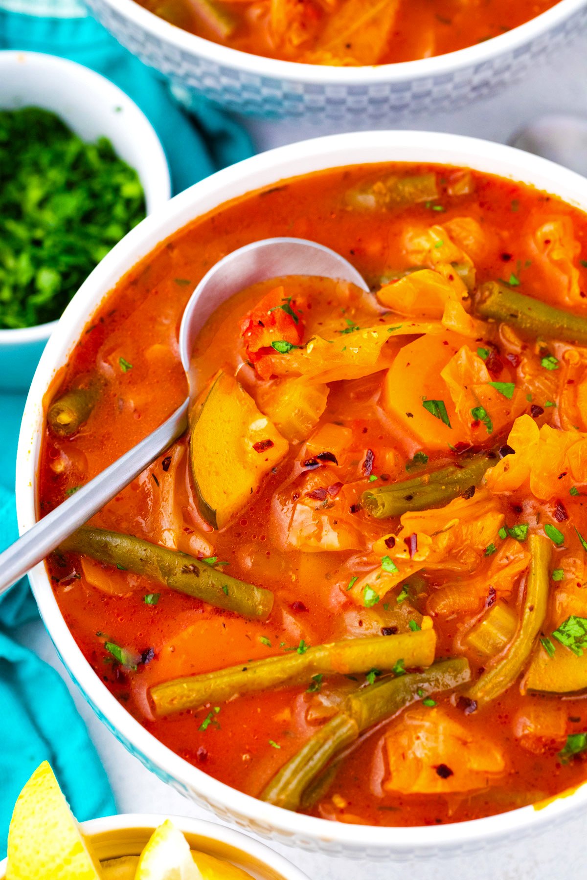 A bowl of hearty cabbage soup.