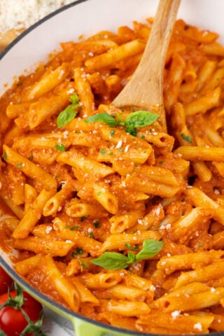 A skillet of homemade penne alla vodka.