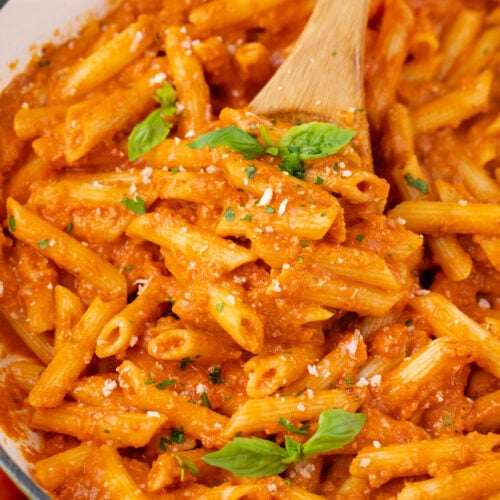 A skillet of homemade penne alla vodka.