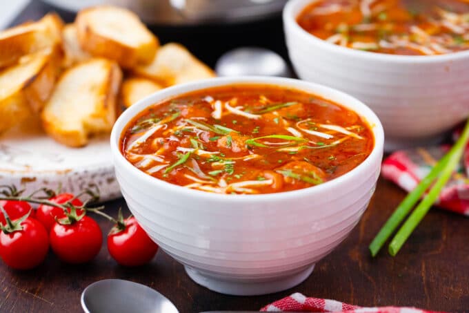 A bowl of Instant Pot Italian meatball soup.
