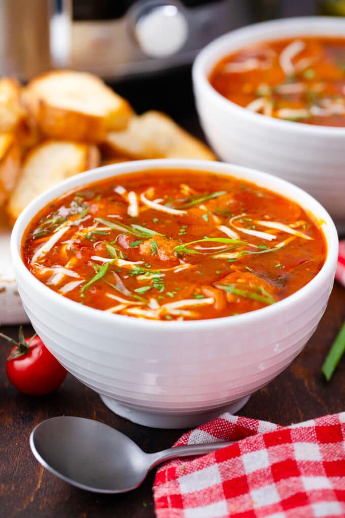 Close shot of tomato based Instant Pot Italian meatball soup.