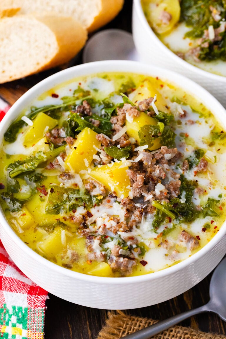 Close shot of instant pot zuppa toscana with potatoes and kale.