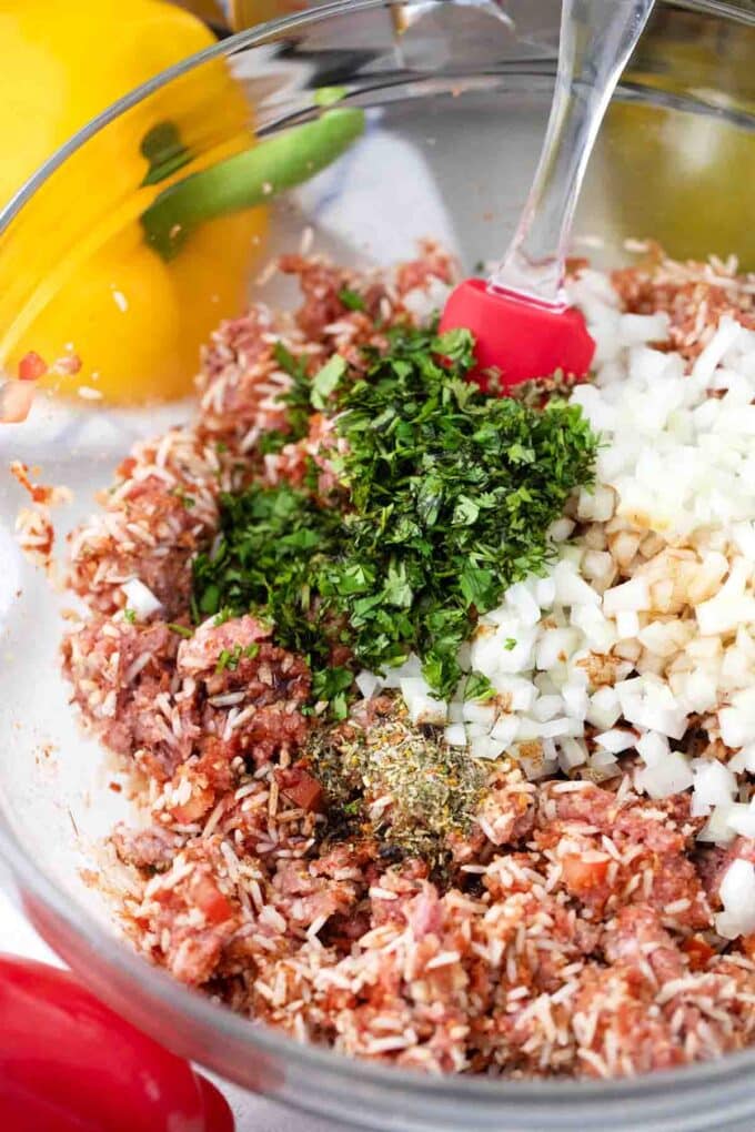 instant pot stuffed peppers filling ingredients in a bowl