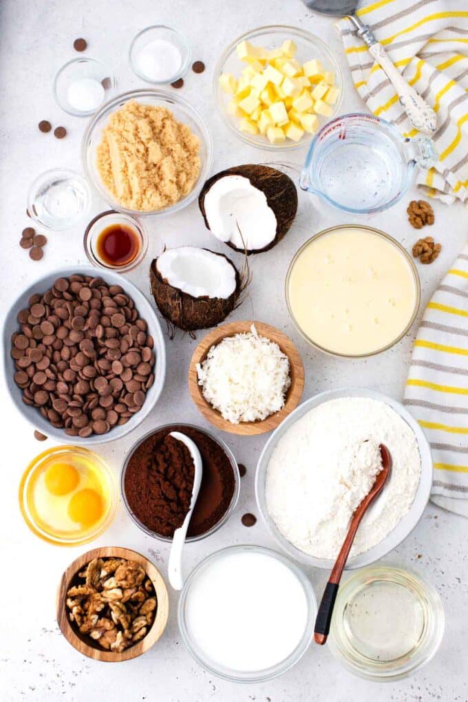 german chocolate poke cake ingredients in bowls on a table