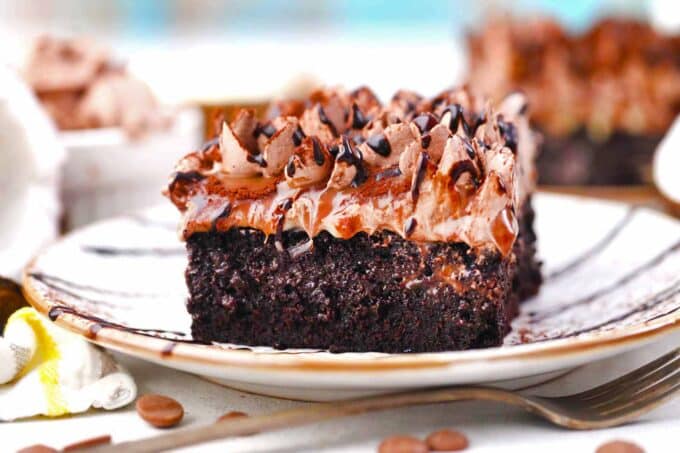 a slice of homemade german chocolate poke cake