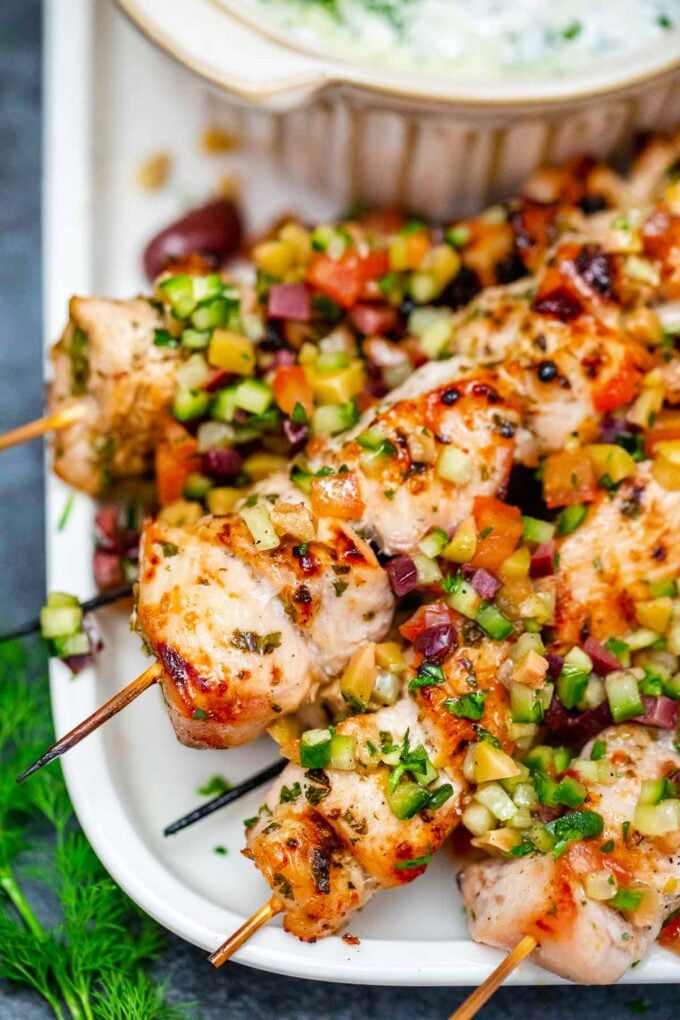 Grilled chicken souvlaki skewers.