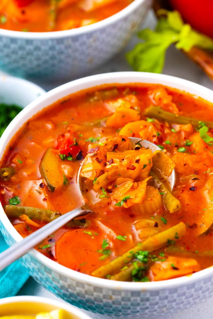 Hearty cabbage soup with green beans.