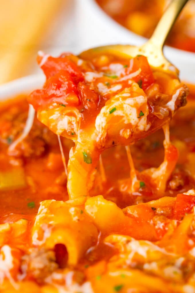 A spoonful of cheesy Instant Pot lasagna soup.