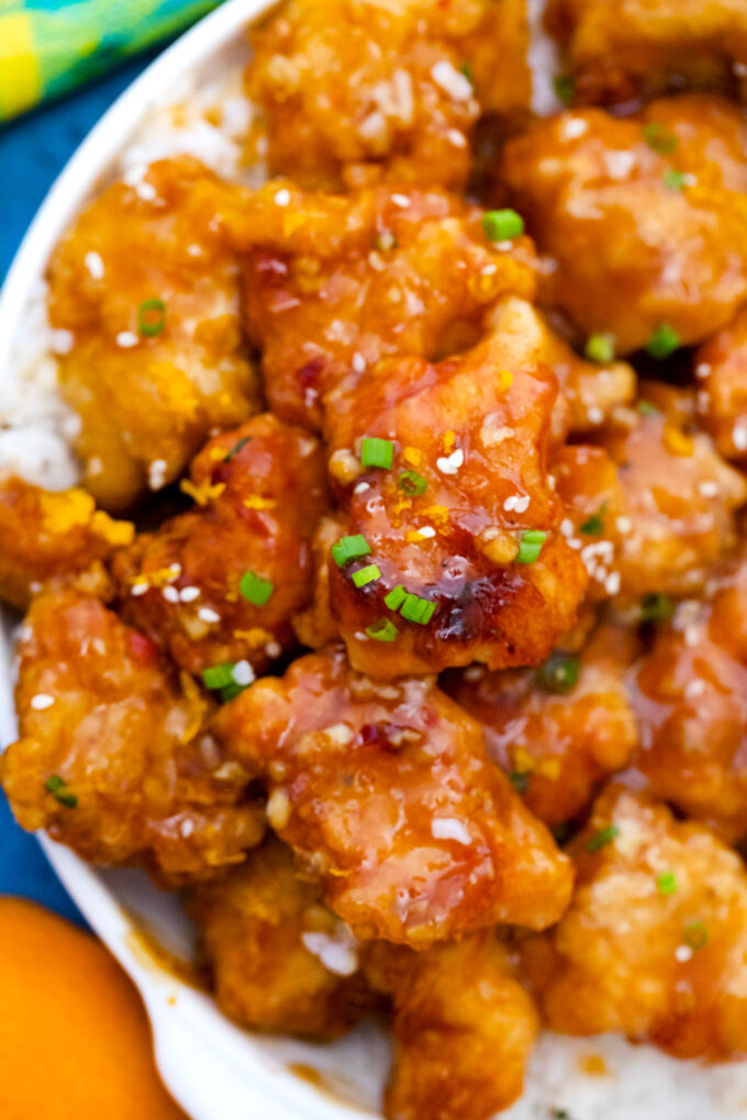 Overhead shot of homemade Panda Express orange chicken.