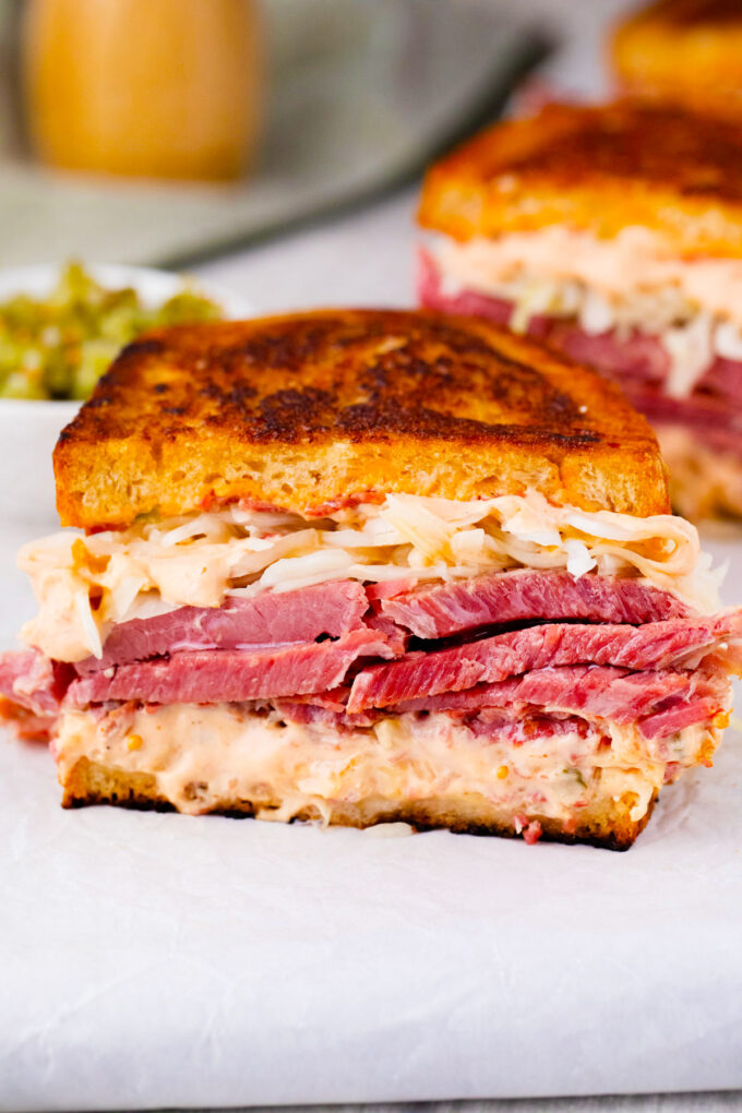 Homemade crispy Reuben sandwiches.