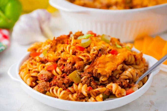 A loaded plate of cheeseburger casserole.