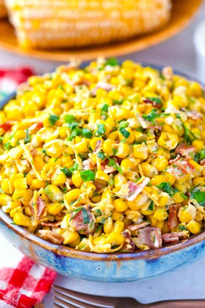 a bowl of homemade crack corn salad with bacon