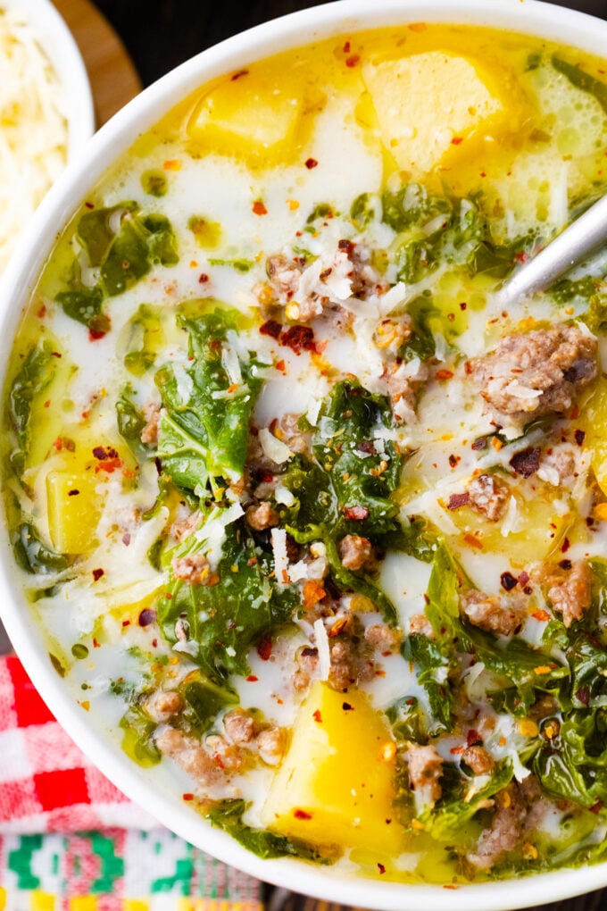 Overhead shot of a bowl of instant pot zuppa toscana.