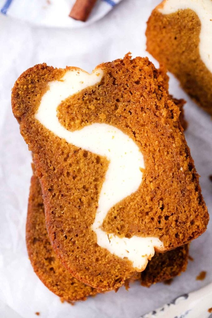 homemade pumpkin bread with cream cheese filling swirl