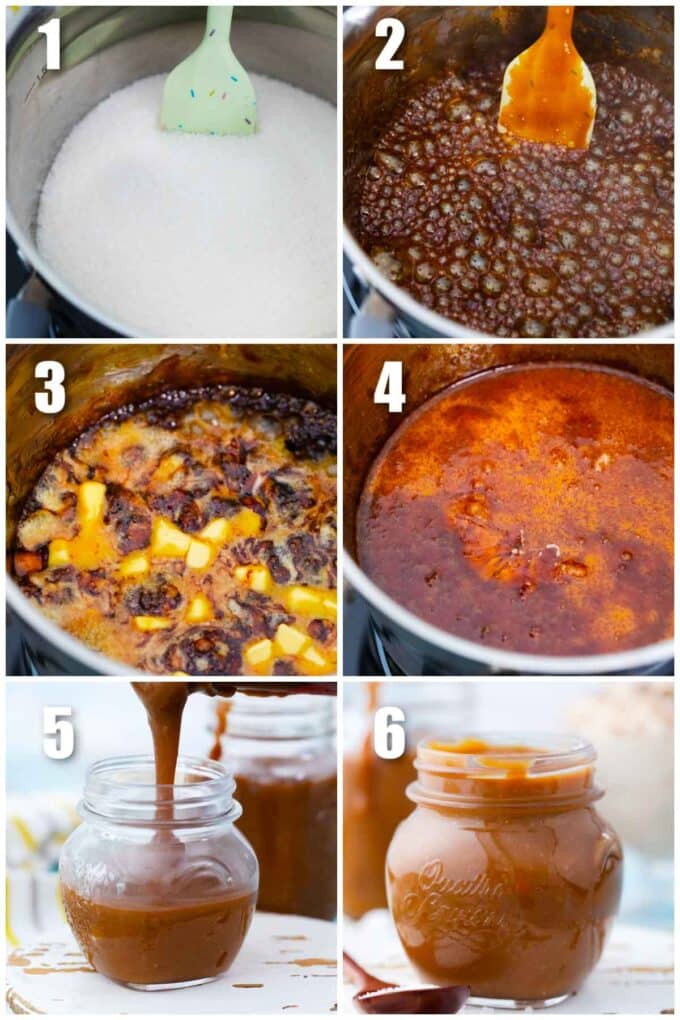 collage of photos showing how to make caramel sauce