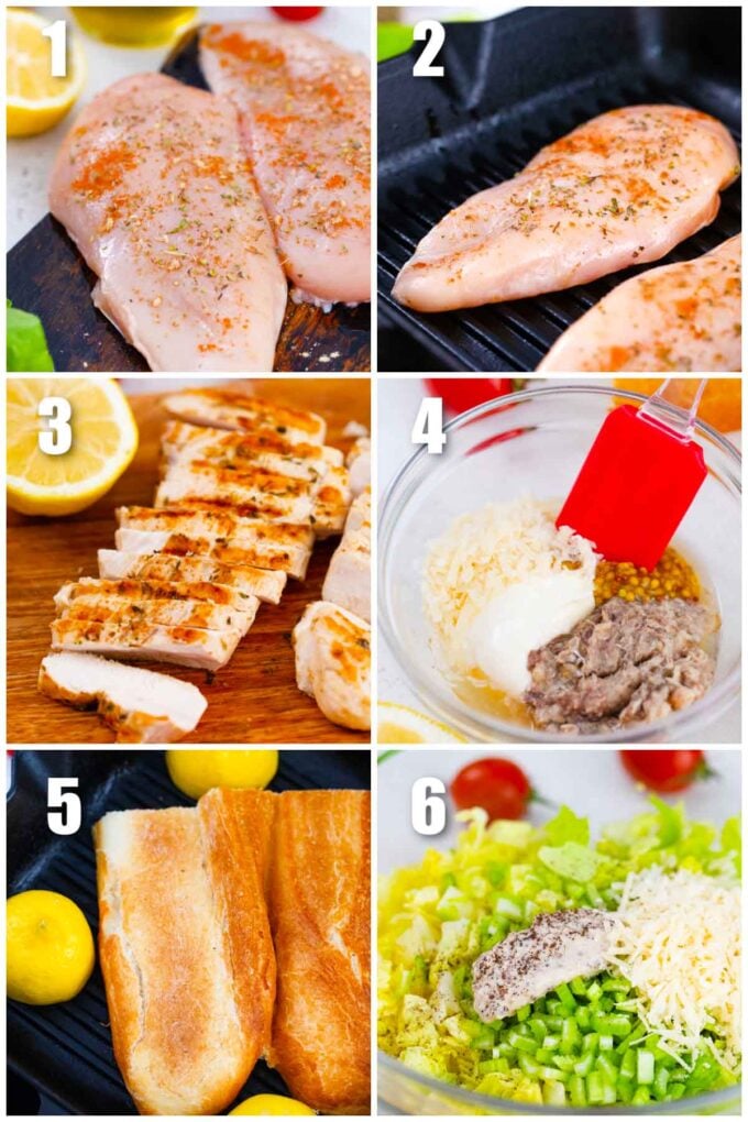 collage of six photos showing the steps how to make chicken caesar sandwiches