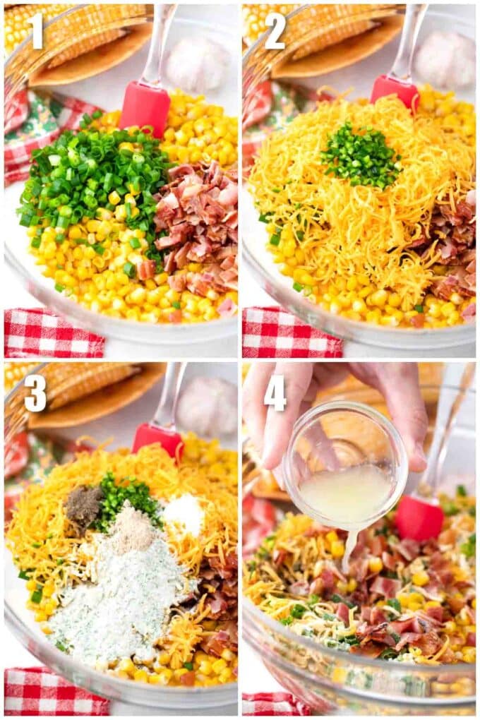 collage of photos showing how to make crack corn salad