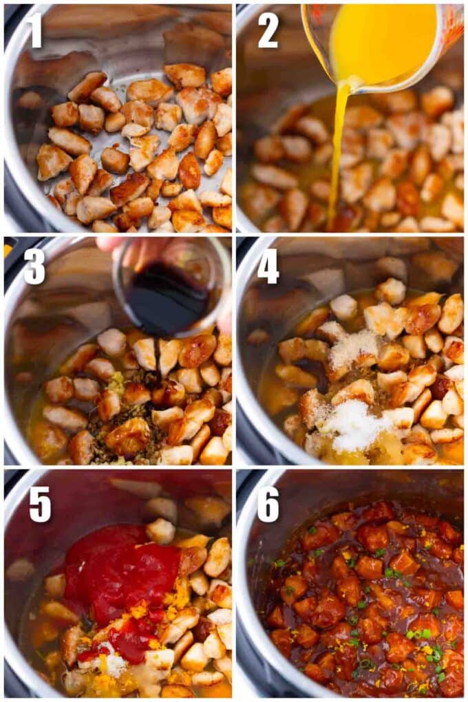 collage of photos showing how to make instant pot orange chicken