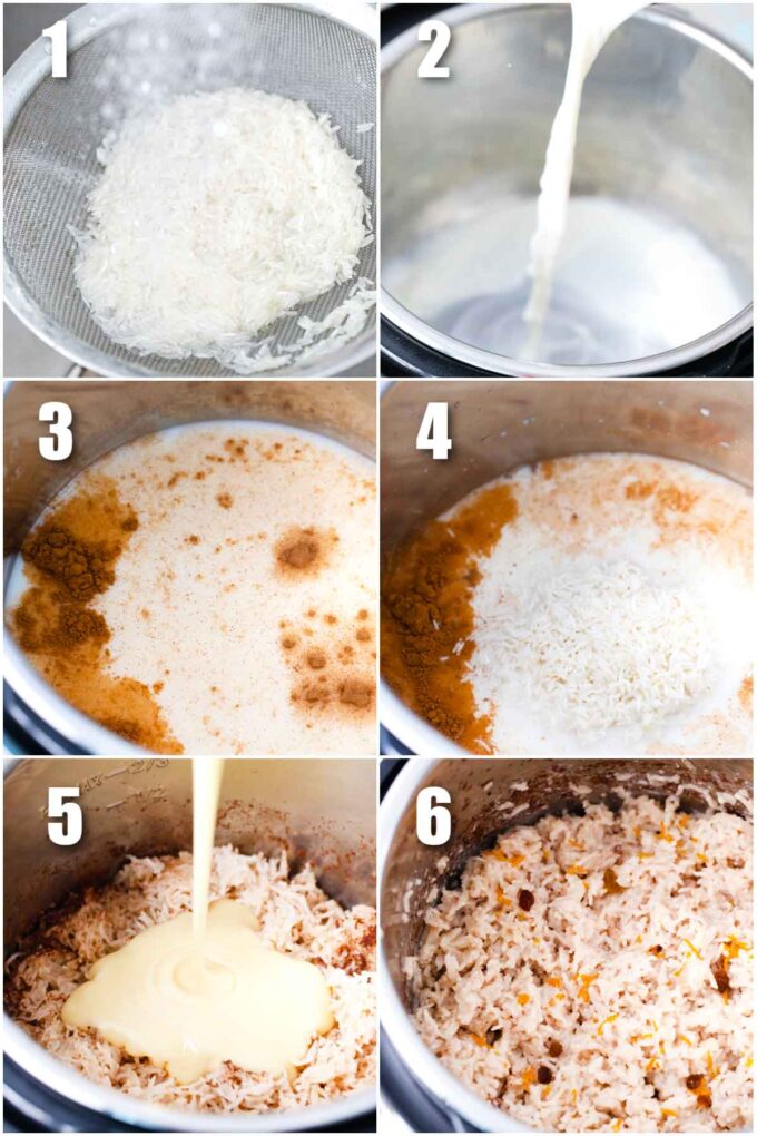 photo collage of steps how to make instant pot rice pudding