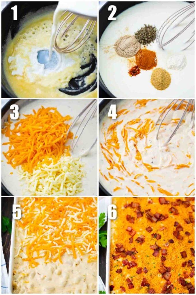 photo collage of steps how to make mac and cheese casserole