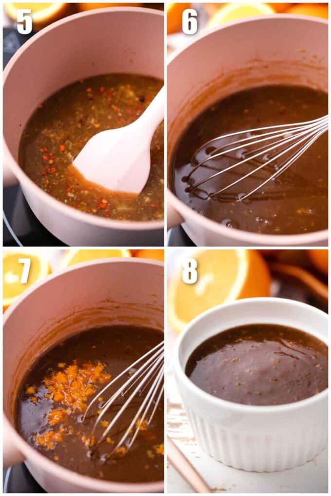 stirring orange sauce in a sauce pan