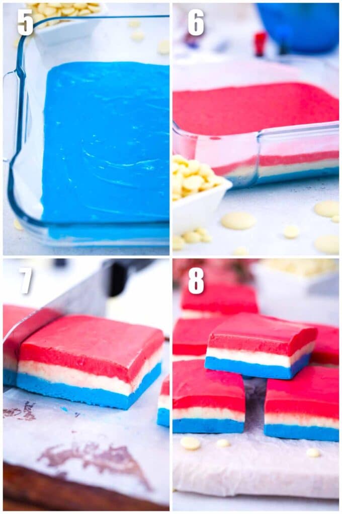 collage of photos showing how to make patriotic fudge with red white and blue layers