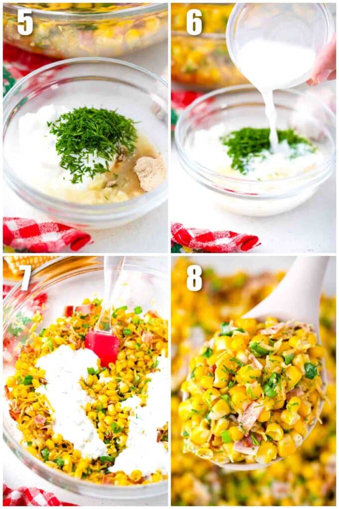 collage of photos showing how to make ranch dressing for corn salad