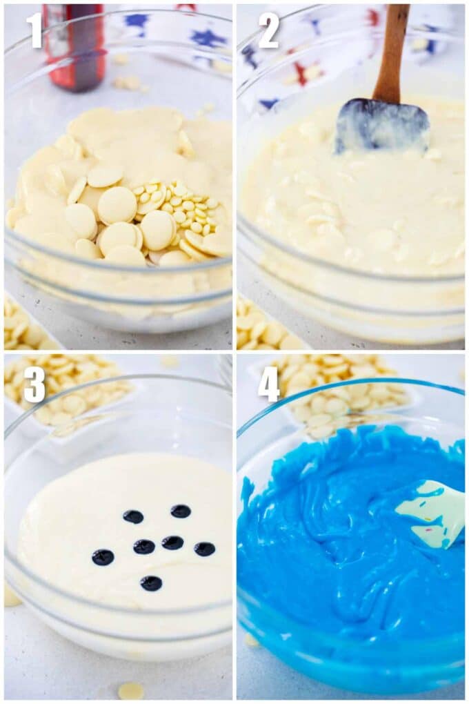 collage of photos showing how to melt chocolate and color it blue