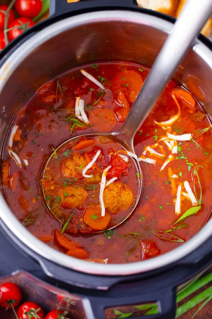 Overhead shot of Instant Pot Italian meatball soup in the pot.