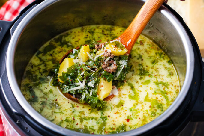 Overhead shot of creamy instant pot zuppa toscana.
