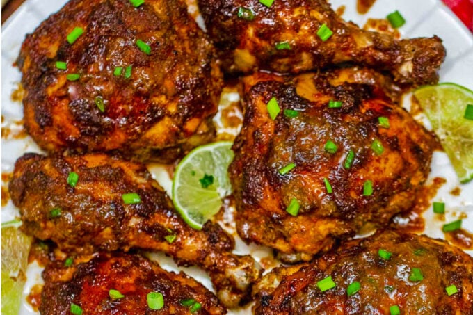 Oven roasted jerk chicken thighs and drumsticks.