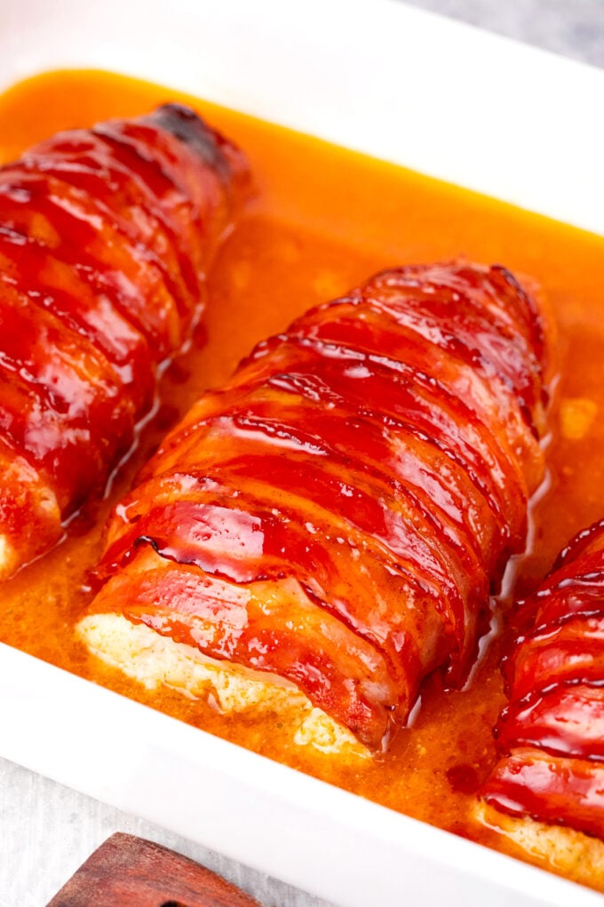 Very juicy and crispy bacon wrapped cream cheese stuffed chicken.