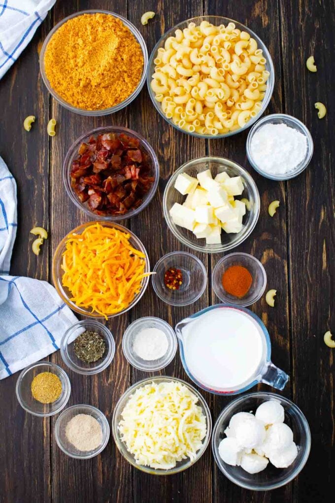 mac and cheese casserole ingredients in bowls on a table