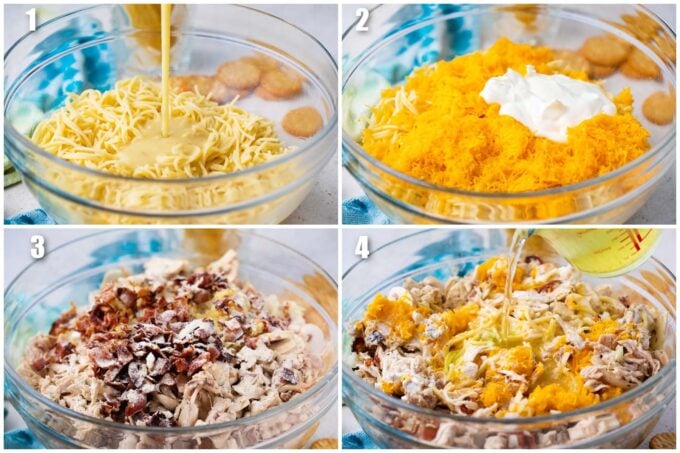 Mixing crack chicken spaghetti casserole ingredients in a bowl.